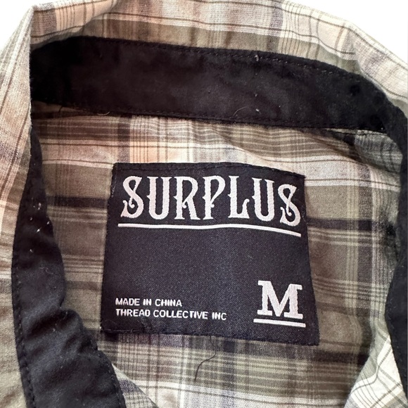 Surplus Men's Medium Casual Plaid Button Down Shirt - Olive and Tan - Picture 2 of 6